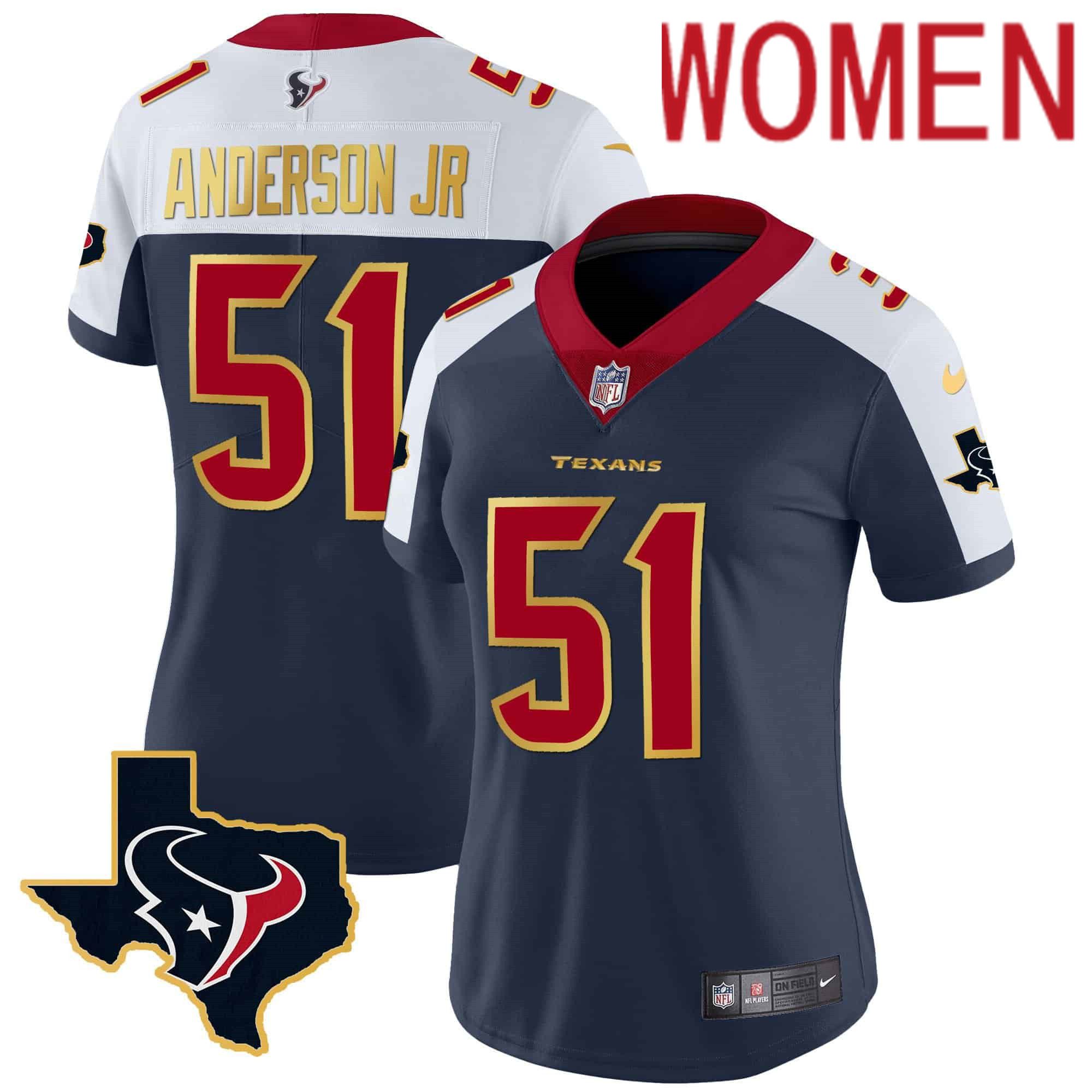 Women Houston Texans #51 Anderson jr Dark blue Gold 2024 Nike Trim Vapor NFL Jersey->women nfl jersey->Women Jersey